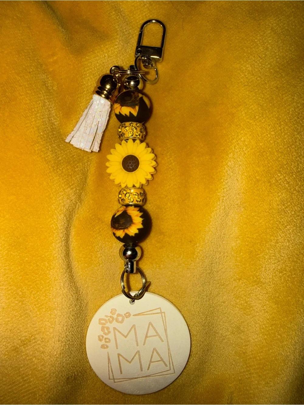 Mama Sunflower Keychain Charm with White Tassel - Yellow